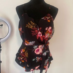 Black floral peplum top with wrap tie front super flattering